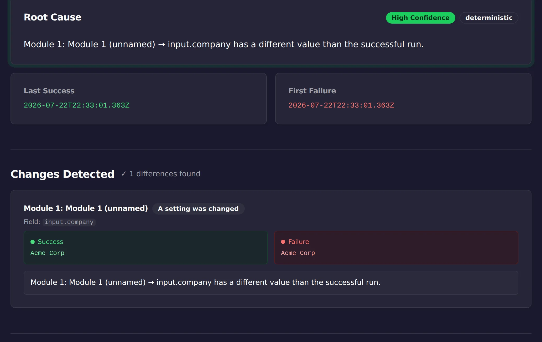 ScenarioTrace root-cause card for a grouping bug: the company field is 'Acme Corp' in the working run and 'Acme Corp ' with a trailing space in the failing run.